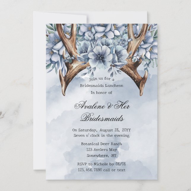 Invitation Boho Deer Antler Blue Floral Bridesmaiers Déjeuner (Devant)