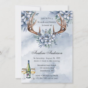 Invitation Boho Deer Antler Blue Floral Brunch & Bubbly