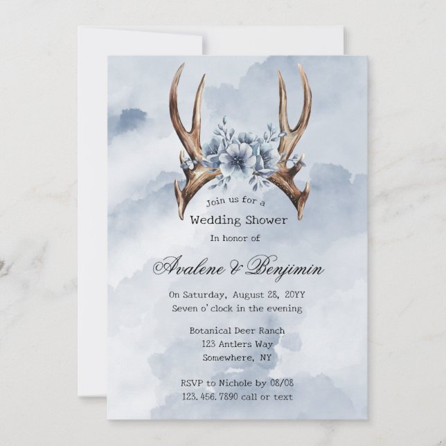 Invitation Boho Deer Antler Blue Floral Mariage Couple Douche (Devant)