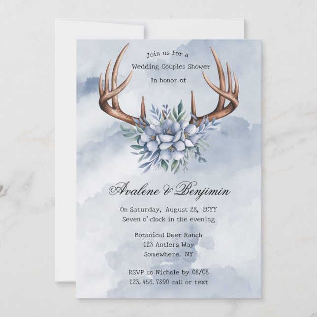 Invitation Boho Deer Antler Blue Floral Mariage Couple Douche (Devant)