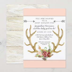 Invitation BOHO Deer Antler Blush Floral Baby Girl Show
