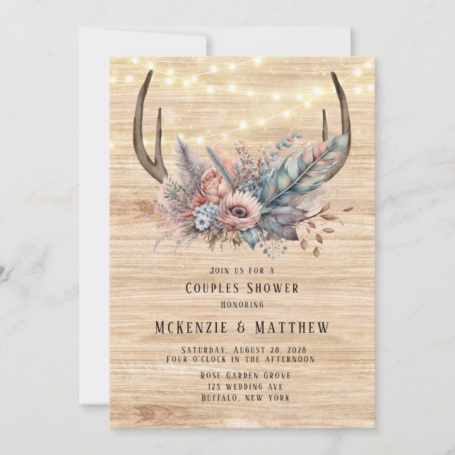 Invitation Boho Deer Antler Floral Couples Douche (Devant)