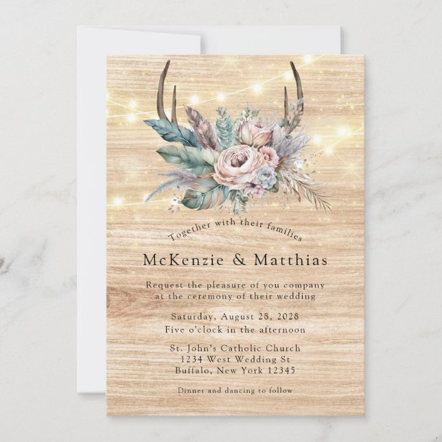 Invitation Boho Deer Antler Floral Mariage (Devant)