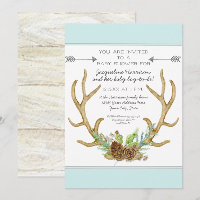 Invitation BOHO Deer Antler Pine Cones Ferns Baby Boy Shoy (Devant / Derrière)