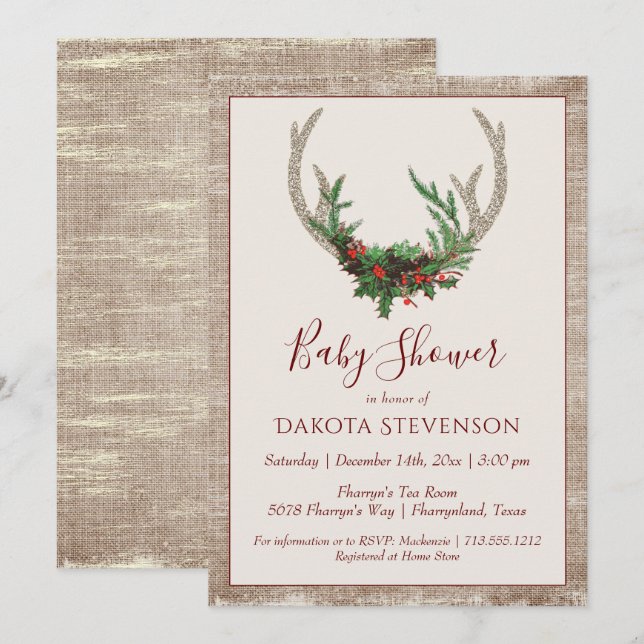 Invitation Boho Deer Antlers | Baby shower de Noël rustique (Devant / Derrière)
