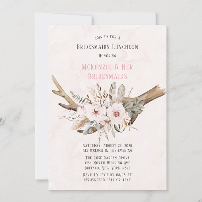 Invitation Boho Deer Antlers et Florals Bridesmaiers Déjeuner (Devant)
