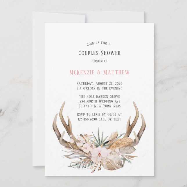Invitation Boho Deer Antlers et Florals Couples Douche (Devant)