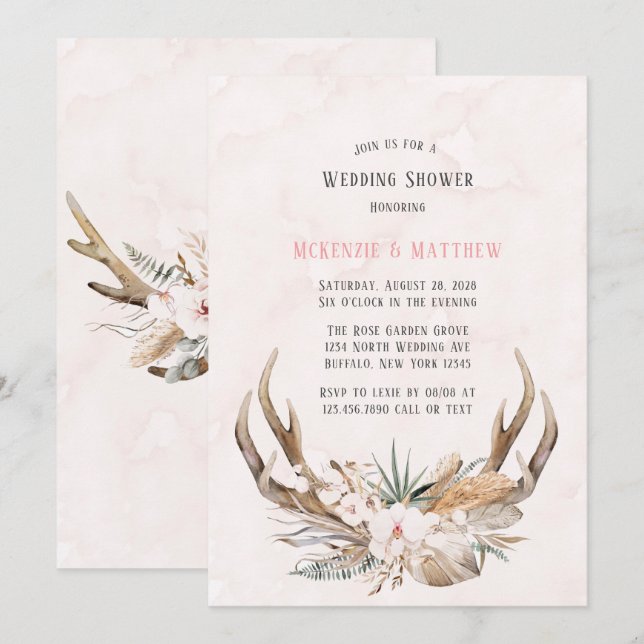 Invitation Boho Deer Antlers et Florals Wedding shower (Devant / Derrière)