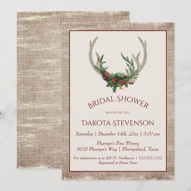 Invitation Boho Deer Antlers | Fête des mariées de Noël rusti (Devant / Derrière)