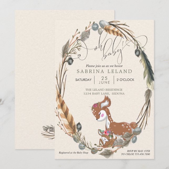 Invitation BOHO Deer et le Baby shower de la faune (Devant / Derrière)