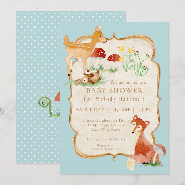 Invitation BOHO Deer Fox Owl Forest Woodsy Boy Baby shower (Devant / Derrière)