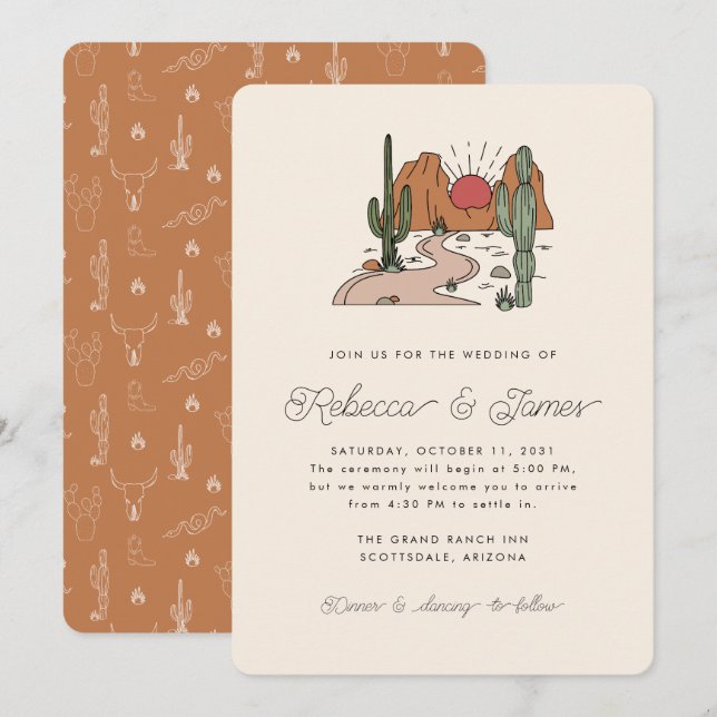 Invitation Boho Desert Cactus Mariage de script moderne (Devant / Derrière)