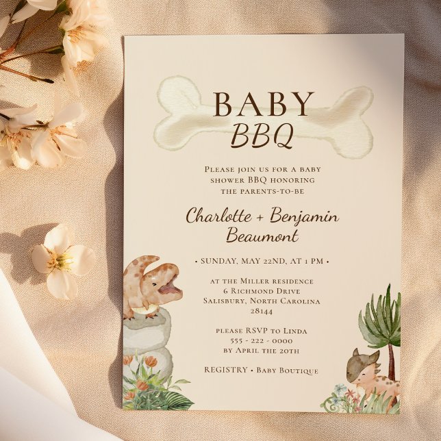 Invitation Boho Dinosaur Beige Baby Baby shower barbecue (Créateur téléchargé)