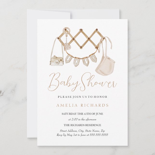 Invitation Boho doux Baby shower bleu Dusty Neutre (Devant)
