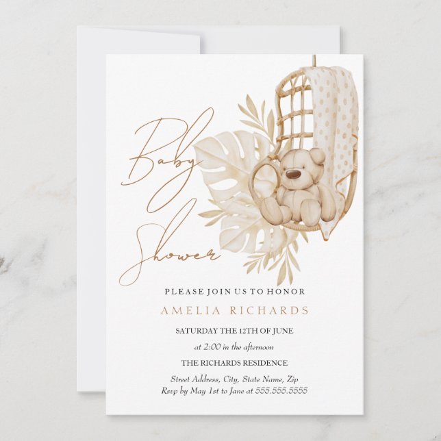 Invitation Boho doux Teddy Bear Blush Baby shower (Devant)