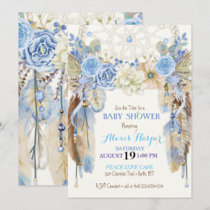 Invitation Boho Dream Catcher Feathers Blue Ivory Brown