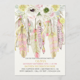 Invitation Boho Dream Catcher Plumes Crystals rose Jaune