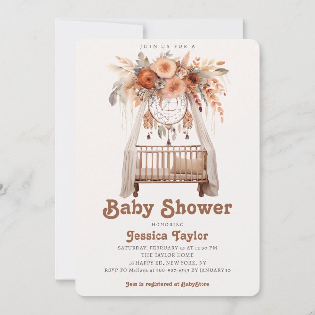 Invitation Boho Dreamcatcher Floral Girb Baby shower (Devant)