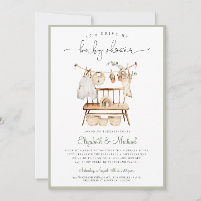 Invitation Boho Drive By Eucalyptus Green Neutral Baby shower (Devant)