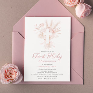 Invitation boho dusté rose floral première communion invitati