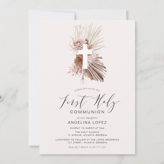 Invitation boho dusté rose floral première communion invitati (Devant)