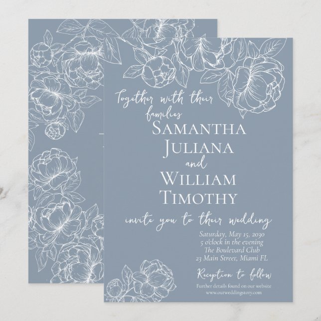 Invitation Boho Dusty Bleu Botanique Floral Mariage moderne (Devant / Derrière)