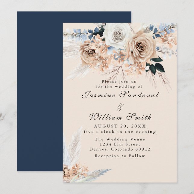 Invitation Boho Dusty Bleu et Beige Floral Mariage Invitatiat (Devant / Derrière)