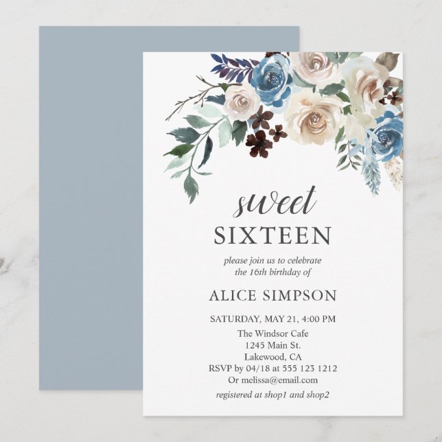Invitation Boho Dusty Bleu Fleurs beiges Douce 16 (Devant / Derrière)
