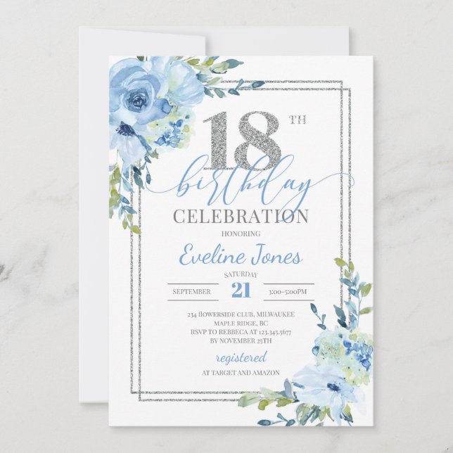 Invitation Boho Dusty bleu floral argent anniversaire géométr (Devant)