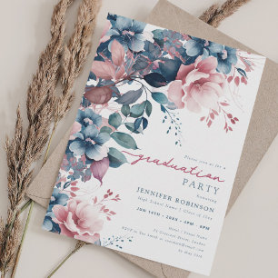 Invitation Boho Dusty Bleu Jardin d'été Floral Graduation