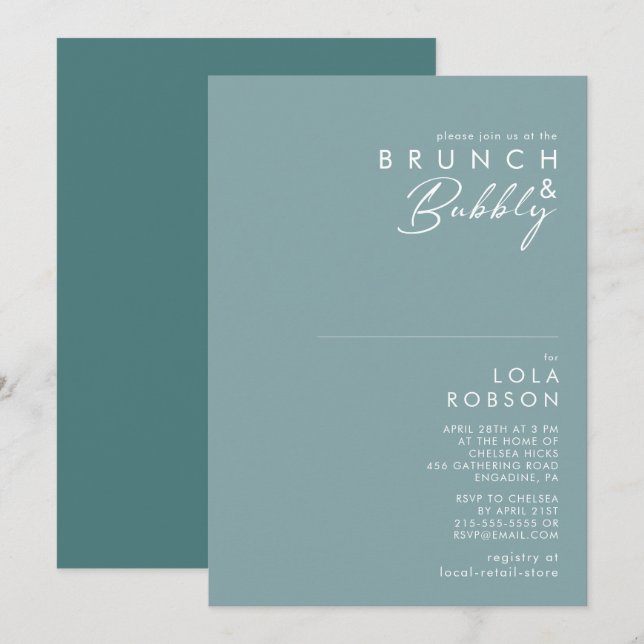 Invitation Boho Dusty Bleu & Vert Brunch et Douche Bubbly (Devant / Derrière)