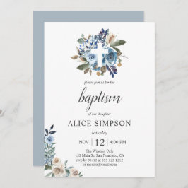 Invitation Boho Dusty Blue Beige Fleurs Baptême