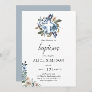 Invitation Boho Dusty Blue Beige Fleurs Baptême 