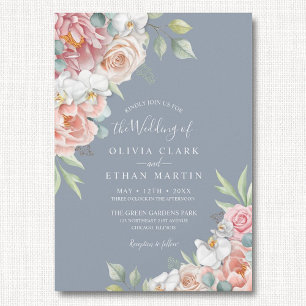Invitation Boho Dusty Blue Blush rose Floral Russe Mariage