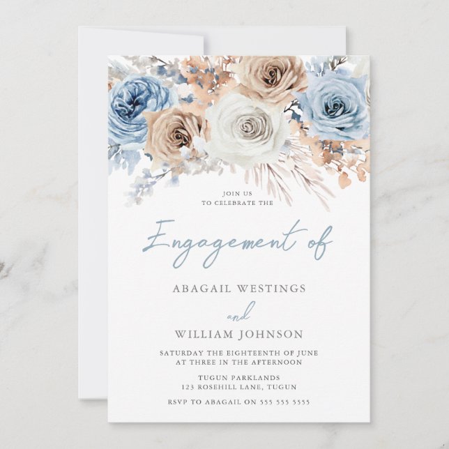 Invitation Boho Dusty Blue : Bohemian Floral Engagement Party (Devant)