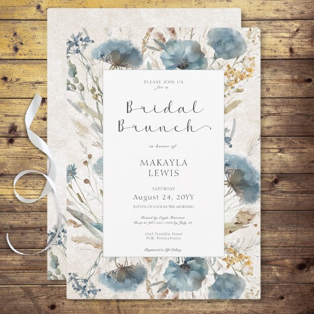 Invitation Boho Dusty Blue & Brown Floral Bridal Brunch (Boho Dusty Blue & Brown Floral Bridal Brunch Invitation)