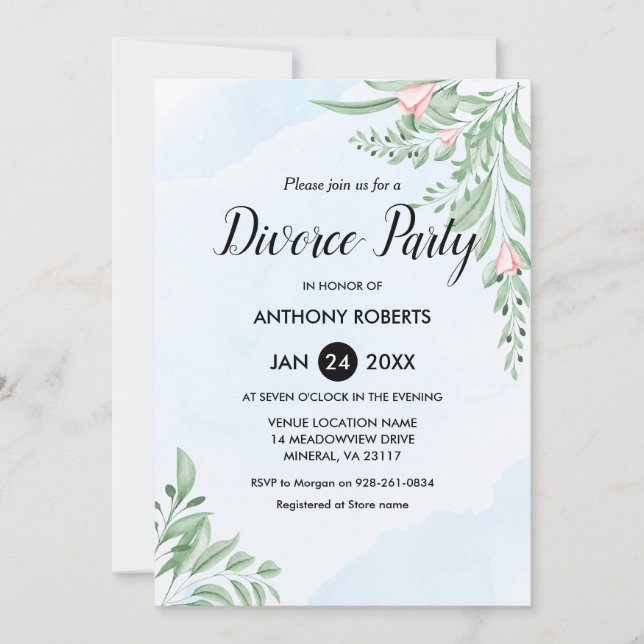 Invitation Boho Dusty Blue Eucalyptus Green Divorce Party  (Devant)