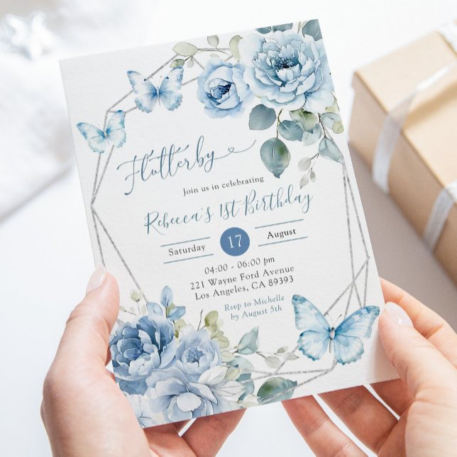 Invitation Boho Dusty Blue Floral Butterfly Anniversaire (Créateur téléchargé)