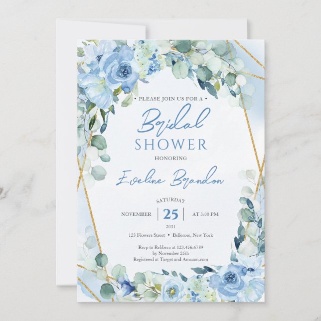 Invitation Boho Dusty Blue Floral Faux Or Géométrique Bride (Devant)