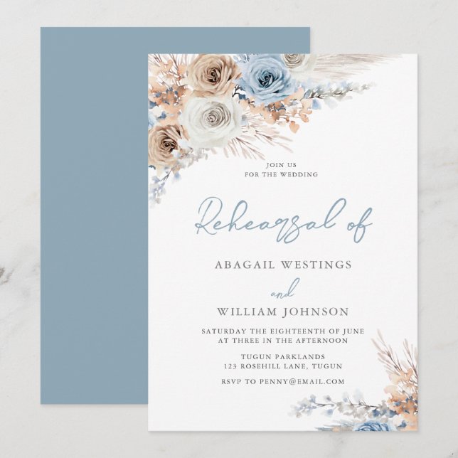 Invitation Boho Dusty Blue Floral Mariage Dîner de répétition (Devant / Derrière)