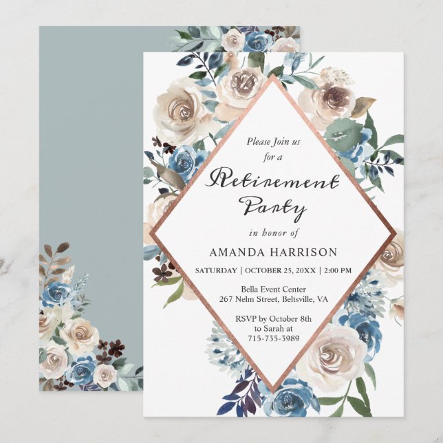Invitation Boho Dusty Blue Floral Rose Gold Retirement Party (Devant / Derrière)