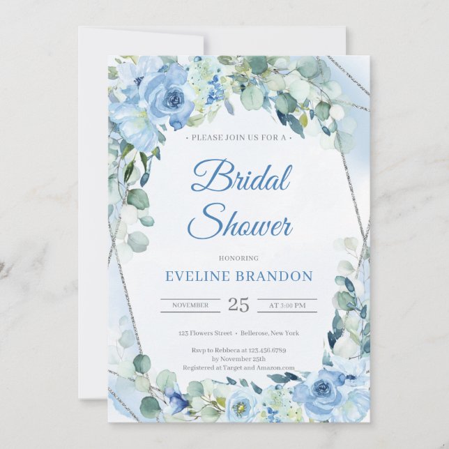 Invitation Boho Dusty Blue Floral Silver Bride géométrique (Devant)