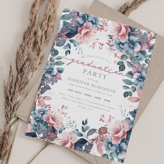 Invitation Boho Dusty Blue Garden Floral Graduation (Boho Dusty Blue Garden Floral Graduation Invitation)