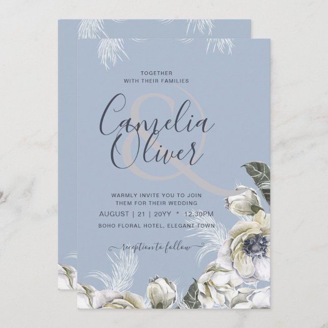 Invitation BOHO Dusty Blue Pampas Floral Mariage (Devant / Derrière)