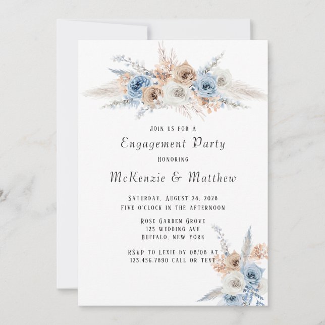 Invitation Boho Dusty Blue Pink Peony (Devant)