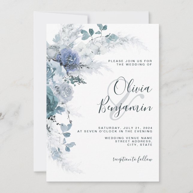 Invitation Boho Dusty Blue Slate Pastel Floral Pampas Mariage (Devant)