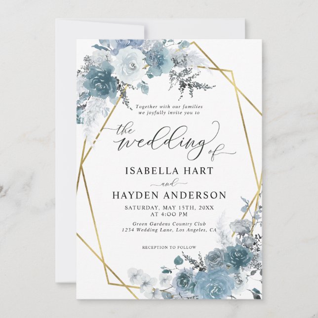 Invitation Boho Dusty Blue Slate Pastel Gold Foil Mariage Inv (Devant)