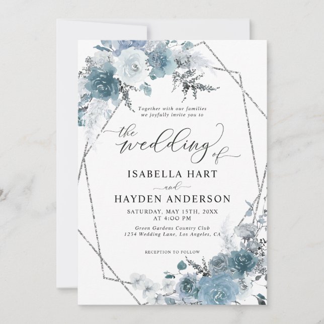 Invitation Boho Dusty Blue Slate Pastel Silver Foil Mariage (Devant)