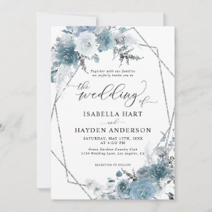 Invitation Boho Dusty Blue Slate Pastel Silver Foil Mariage