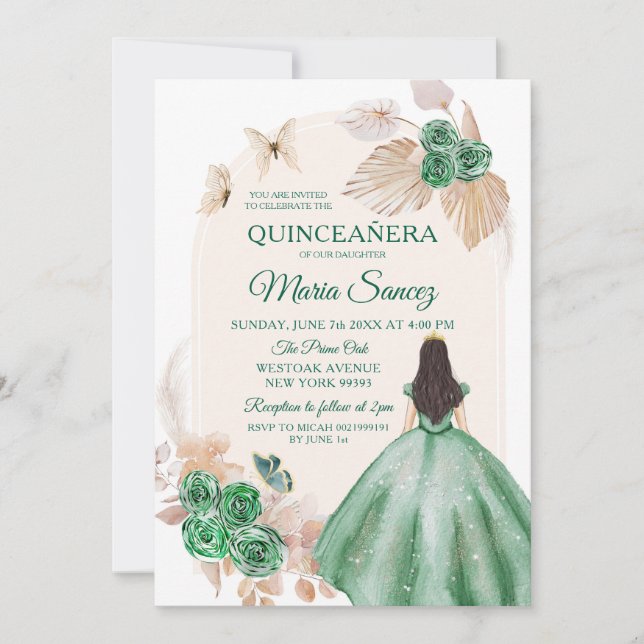 Invitation Boho Dusty Green Floral Mexicaine fille Quinceañer (Devant)